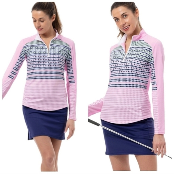 SanSoleil Tops - SanSoleil SolCool Draper 1/4 Zip Long Sleeve Houndstooth Top Small Pink Golfing